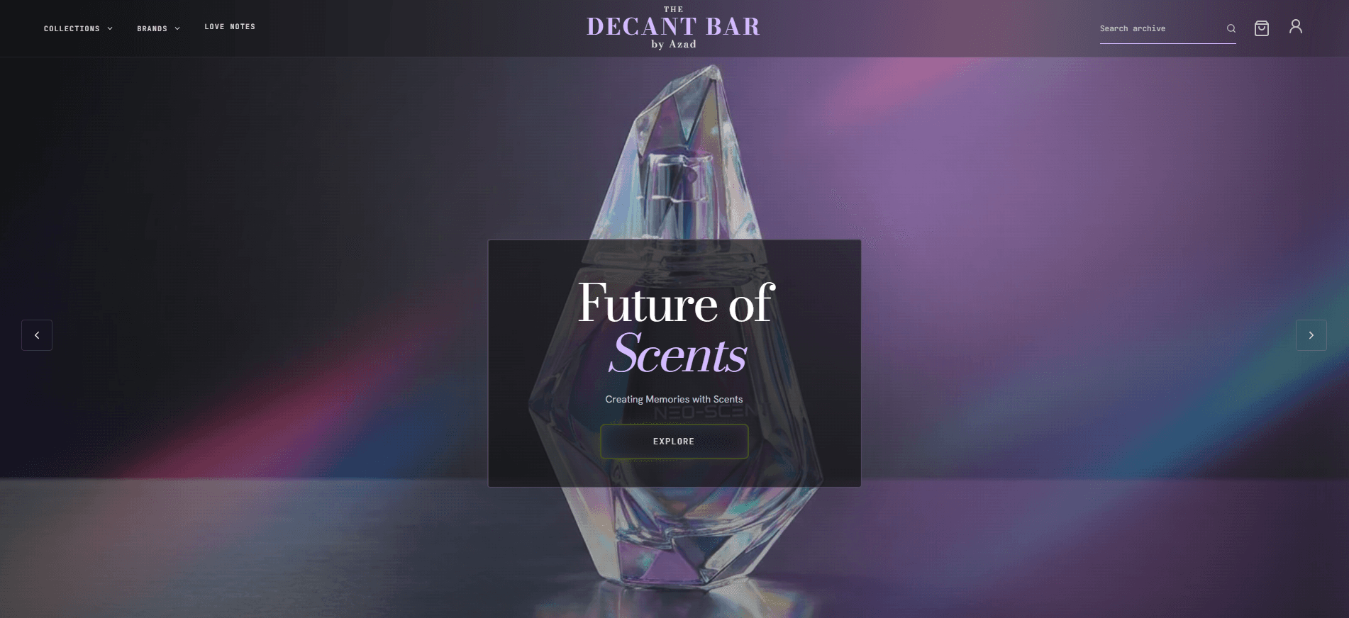 Perfume ecommerce hero banner for The Decant Bar future of scents